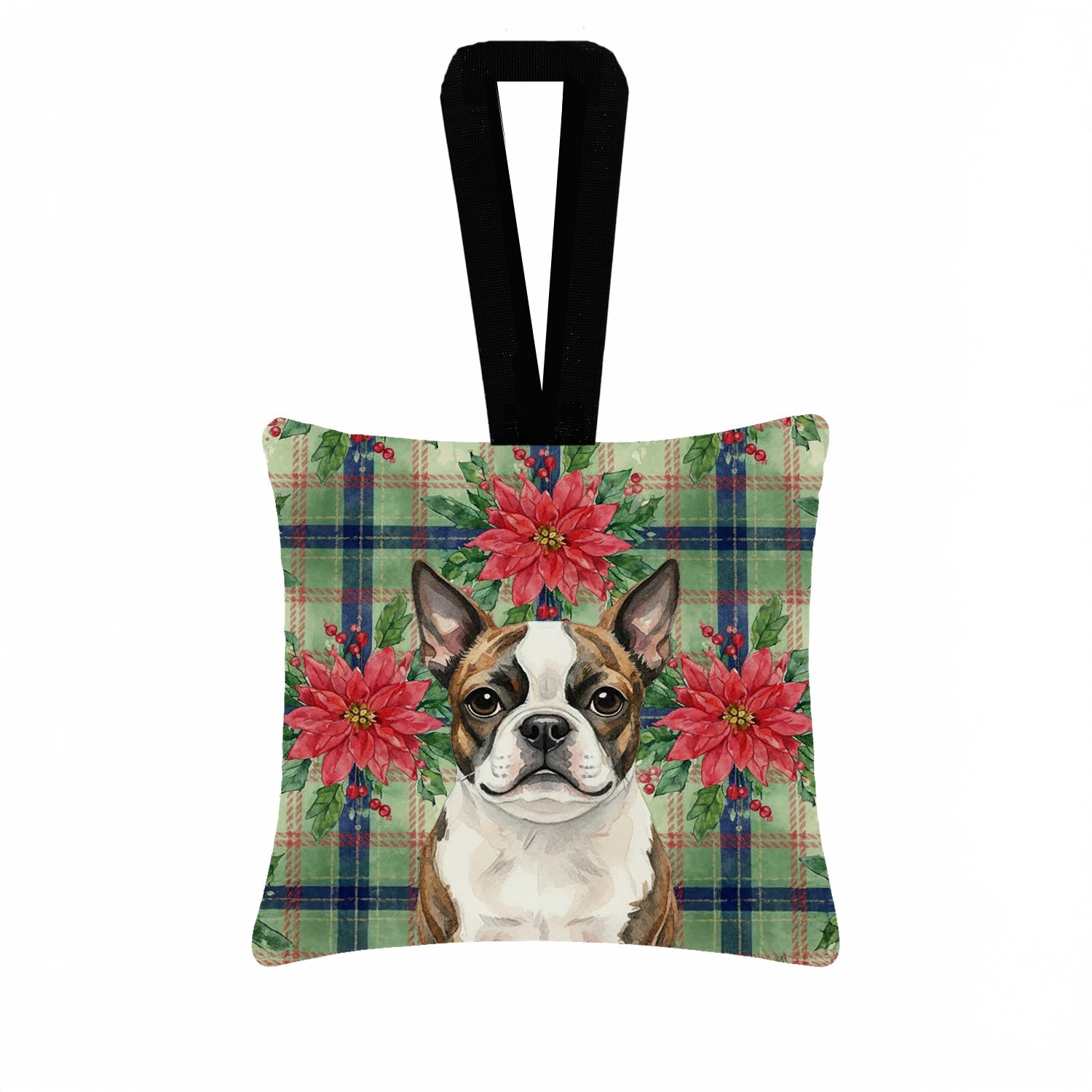 Brindle Boston Terrier Christmas PoinsettIas Hanging Square Fabric Ornament 3.5 � 3.5 Decorative Door-Knob & Tree Hanger, Soft Fabric