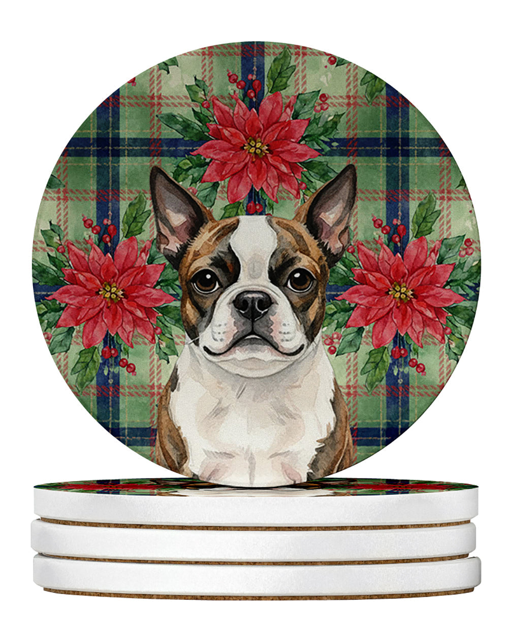 Brindle Boston Terrier Christmas PoinsettIas Large Sandstone Coasters Pack of 4 Absorbent Round Coasters Decor Gifts for Men or Women, 4 in, Multicolor