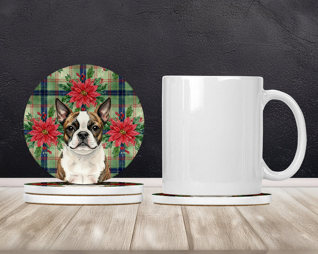 Brindle Boston Terrier Christmas PoinsettIas Large Sandstone Coasters Pack of 4 Absorbent Round Coasters Decor Gifts for Men or Women, 4 in, Multicolor