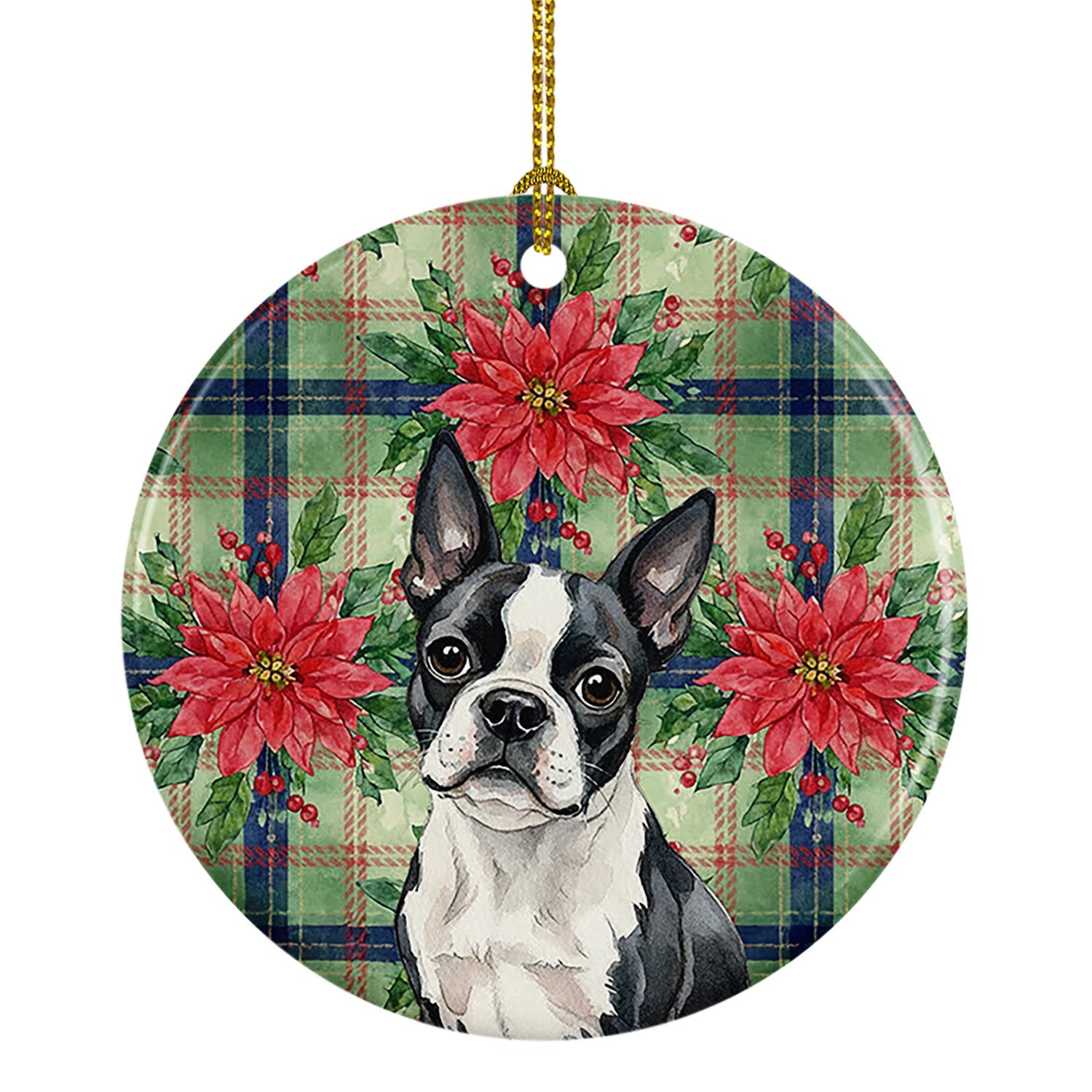 Boston Terrier Christmas PoinsettIas Ceramic Ornament Christmas Tree Hanging Decorations for Home Christmas Holiday, Party, Gift, 3 in, Multicolor