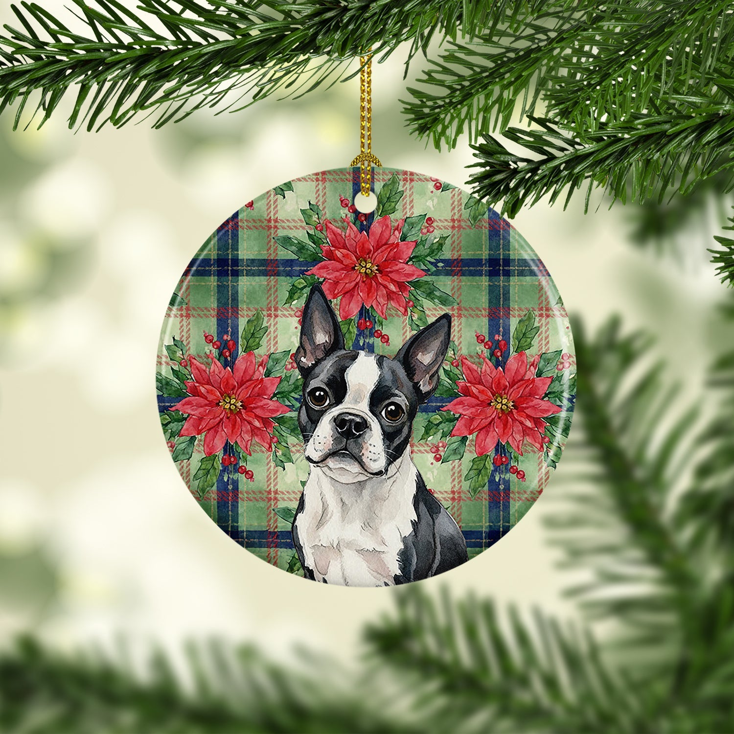 Boston Terrier Christmas PoinsettIas Ceramic Ornament Christmas Tree Hanging Decorations for Home Christmas Holiday, Party, Gift, 3 in, Multicolor
