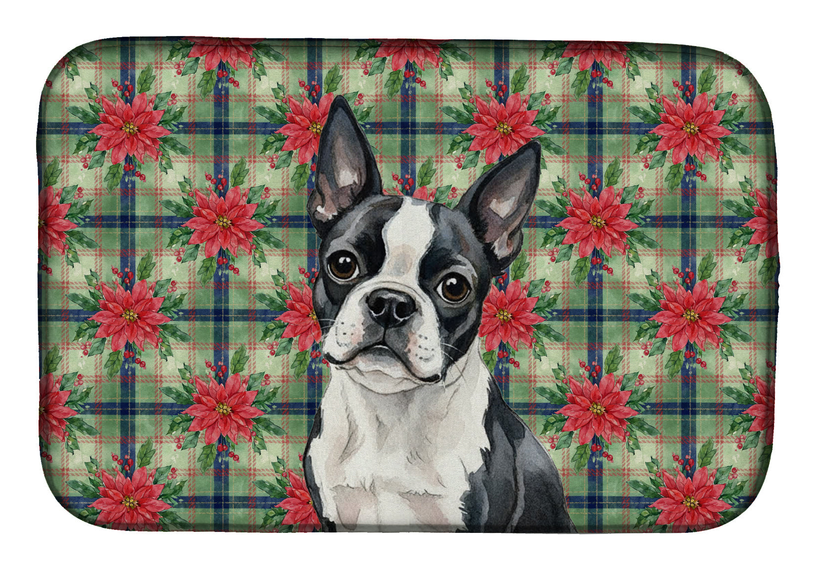 Boston Terrier Christmas PoinsettIas Dish Drying Mat Absorbent Dish Drying Mat Pad for Kitchen Counter Dish Drainer Mat for Countertop, 14 x 21", Multicolor