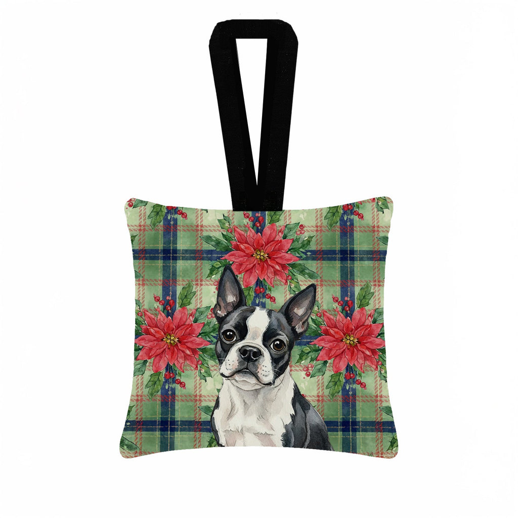 Boston Terrier Christmas PoinsettIas Hanging Square Fabric Ornament 3.5 � 3.5 Decorative Door-Knob & Tree Hanger, Soft Fabric