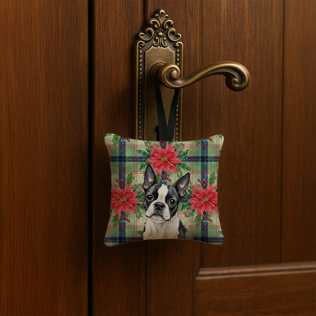 Boston Terrier Christmas PoinsettIas Hanging Square Fabric Ornament 3.5 � 3.5 Decorative Door-Knob & Tree Hanger, Soft Fabric