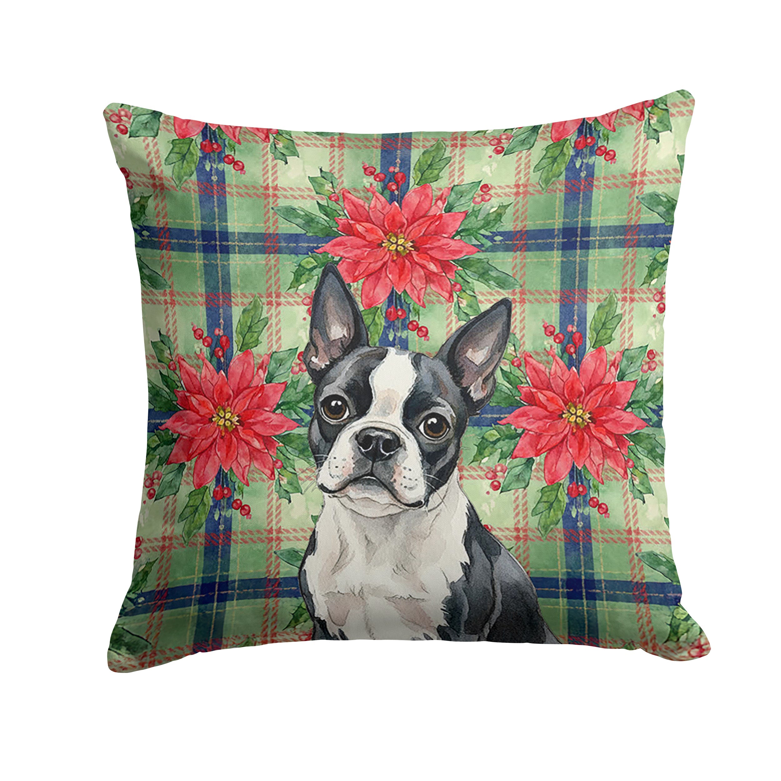 Boston Terrier Christmas PoinsettIas Decorative Throw Pillow 18x18 Indoor Outdoor Accent Cushion, Fabric Cover with Insert for Sofa, Bed, Porch & Living Room