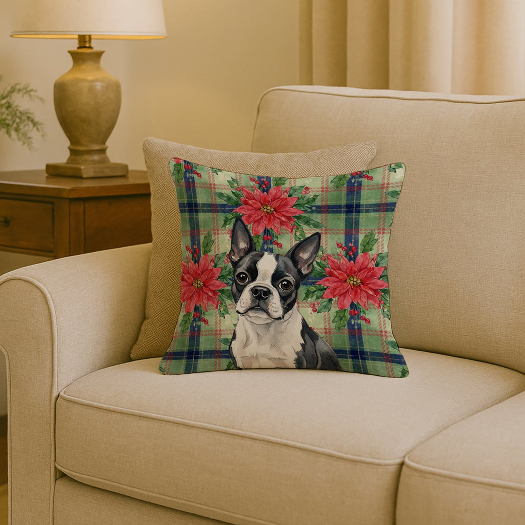Boston Terrier Christmas PoinsettIas Decorative Throw Pillow 18x18 Indoor Outdoor Accent Cushion, Fabric Cover with Insert for Sofa, Bed, Porch & Living Room