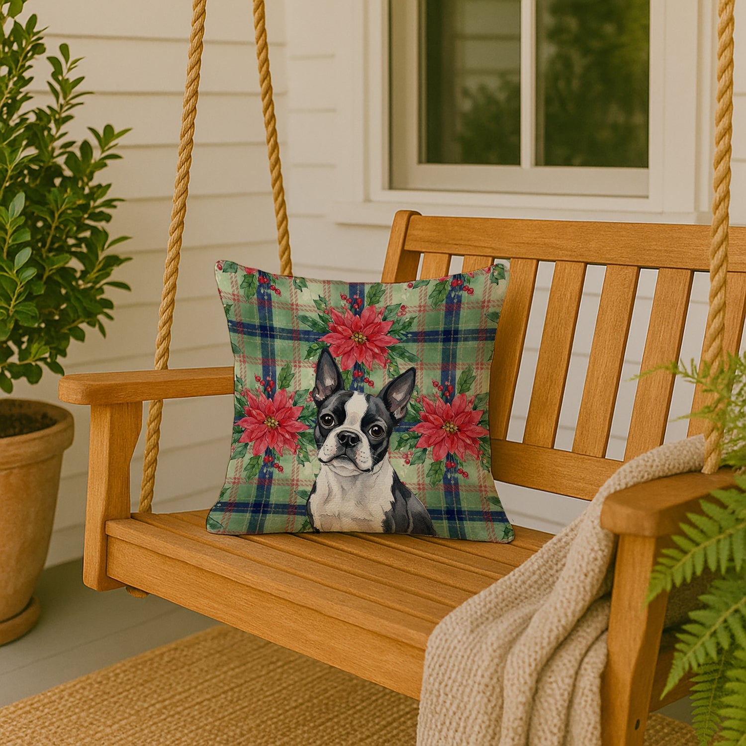 Boston Terrier Christmas PoinsettIas Decorative Throw Pillow 18x18 Indoor Outdoor Accent Cushion, Fabric Cover with Insert for Sofa, Bed, Porch & Living Room
