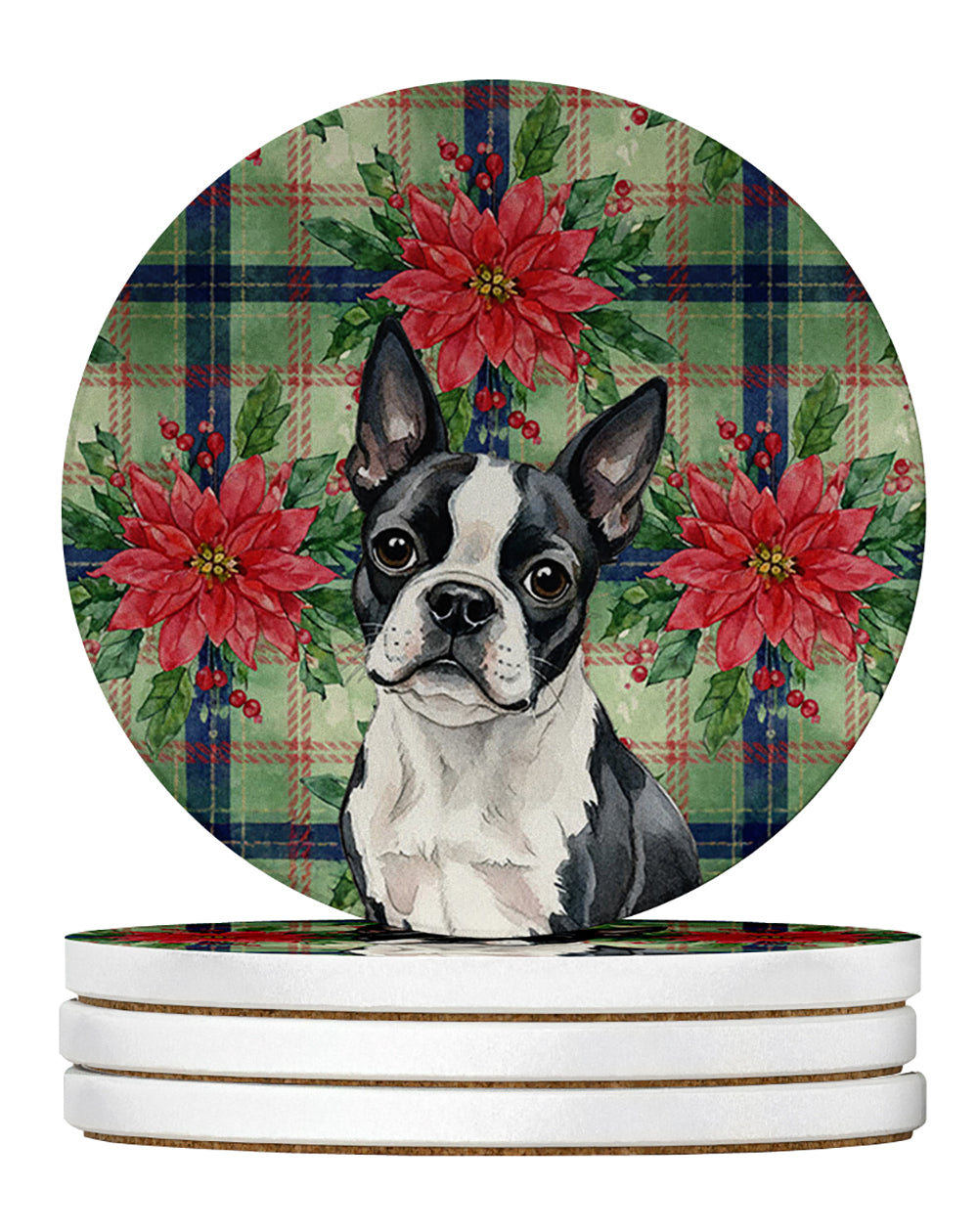Boston Terrier Christmas PoinsettIas Large Sandstone Coasters Pack of 4 Absorbent Round Coasters Decor Gifts for Men or Women, 4 in, Multicolor