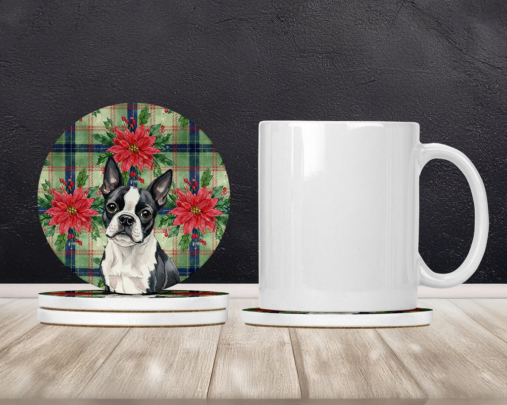 Boston Terrier Christmas PoinsettIas Large Sandstone Coasters Pack of 4 Absorbent Round Coasters Decor Gifts for Men or Women, 4 in, Multicolor