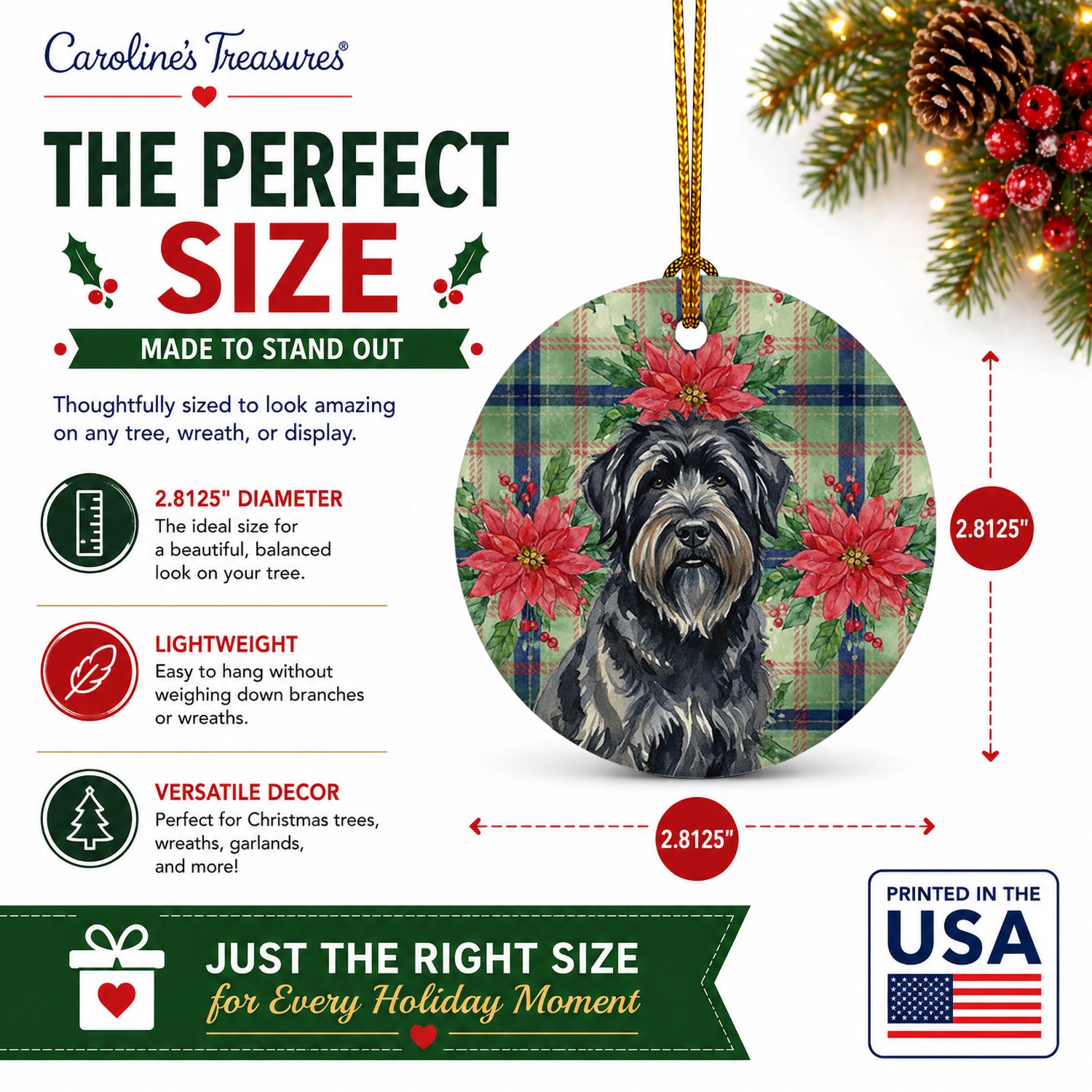 Bouvier des Flandres Christmas PoinsettIas Ceramic Ornament Christmas Tree Hanging Decorations for Home Christmas Holiday, Party, Gift, 3 in, Multicolor
