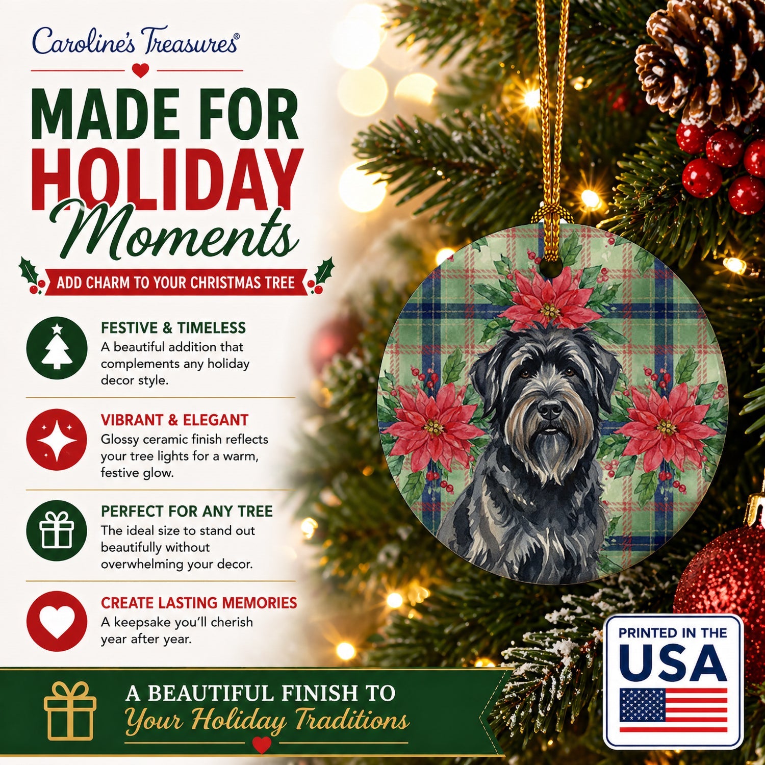 Bouvier des Flandres Christmas PoinsettIas Ceramic Ornament Christmas Tree Hanging Decorations for Home Christmas Holiday, Party, Gift, 3 in, Multicolor