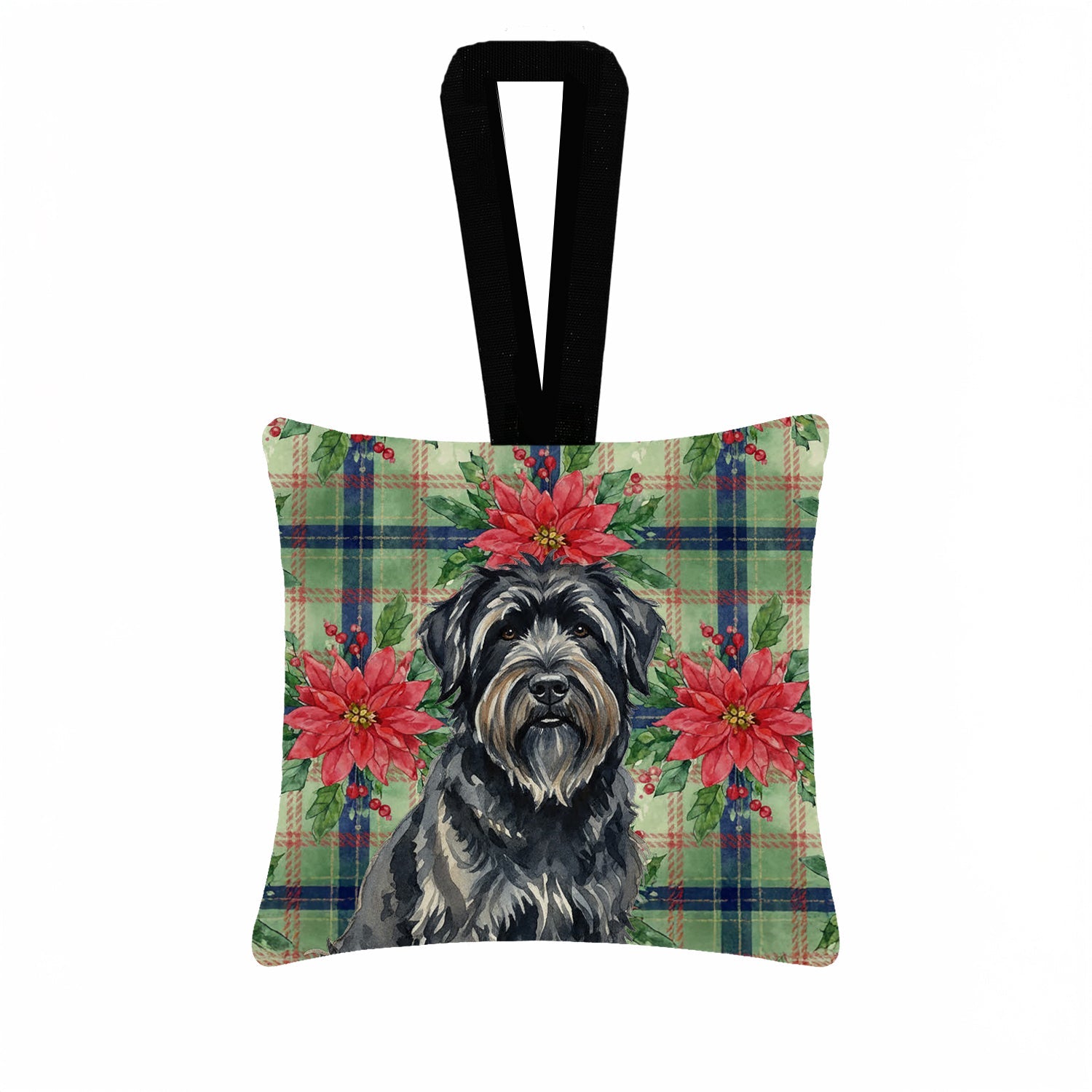 Bouvier des Flandres Christmas PoinsettIas Hanging Square Fabric Ornament 3.5 � 3.5 Decorative Door-Knob & Tree Hanger, Soft Fabric