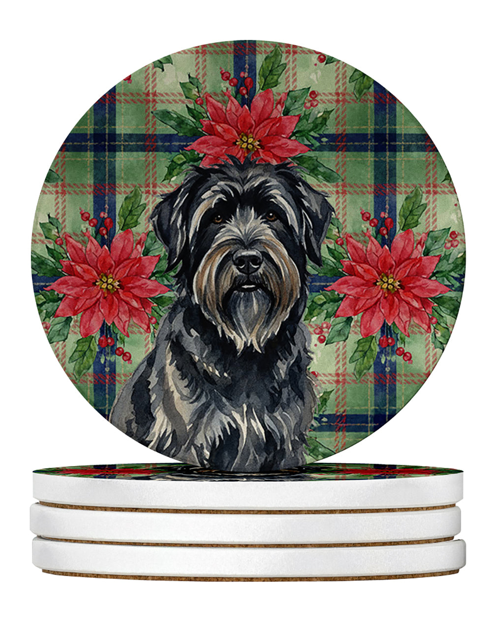 Bouvier des Flandres Christmas PoinsettIas Large Sandstone Coasters Pack of 4 Absorbent Round Coasters Decor Gifts for Men or Women, 4 in, Multicolor