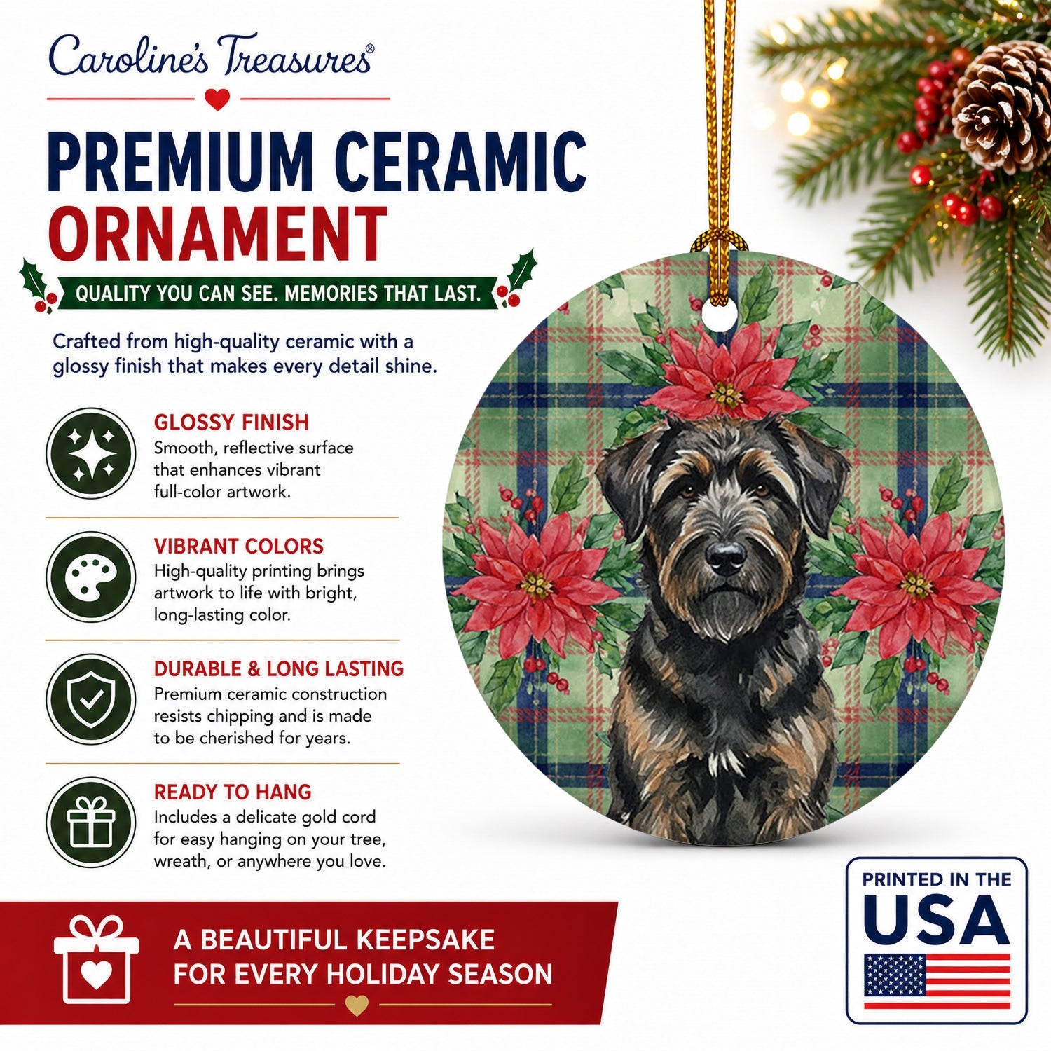 Brindle Bouvier des Flandres Christmas PoinsettIas Ceramic Ornament Christmas Tree Hanging Decorations for Home Christmas Holiday, Party, Gift, 3 in, Multicolor