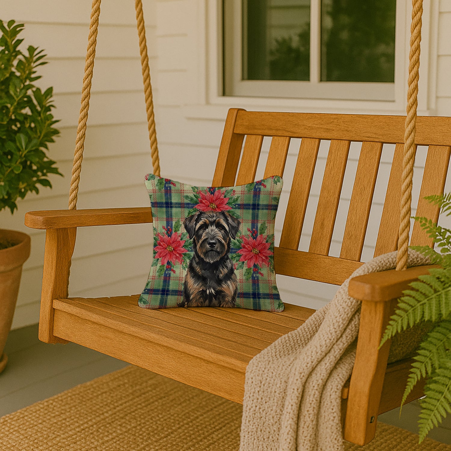 Brindle Bouvier des Flandres Christmas PoinsettIas Decorative Throw Pillow 14x14 Indoor Outdoor Accent Cushion, Fabric Cover with Insert for Sofa, Bed, Porch & Living Room