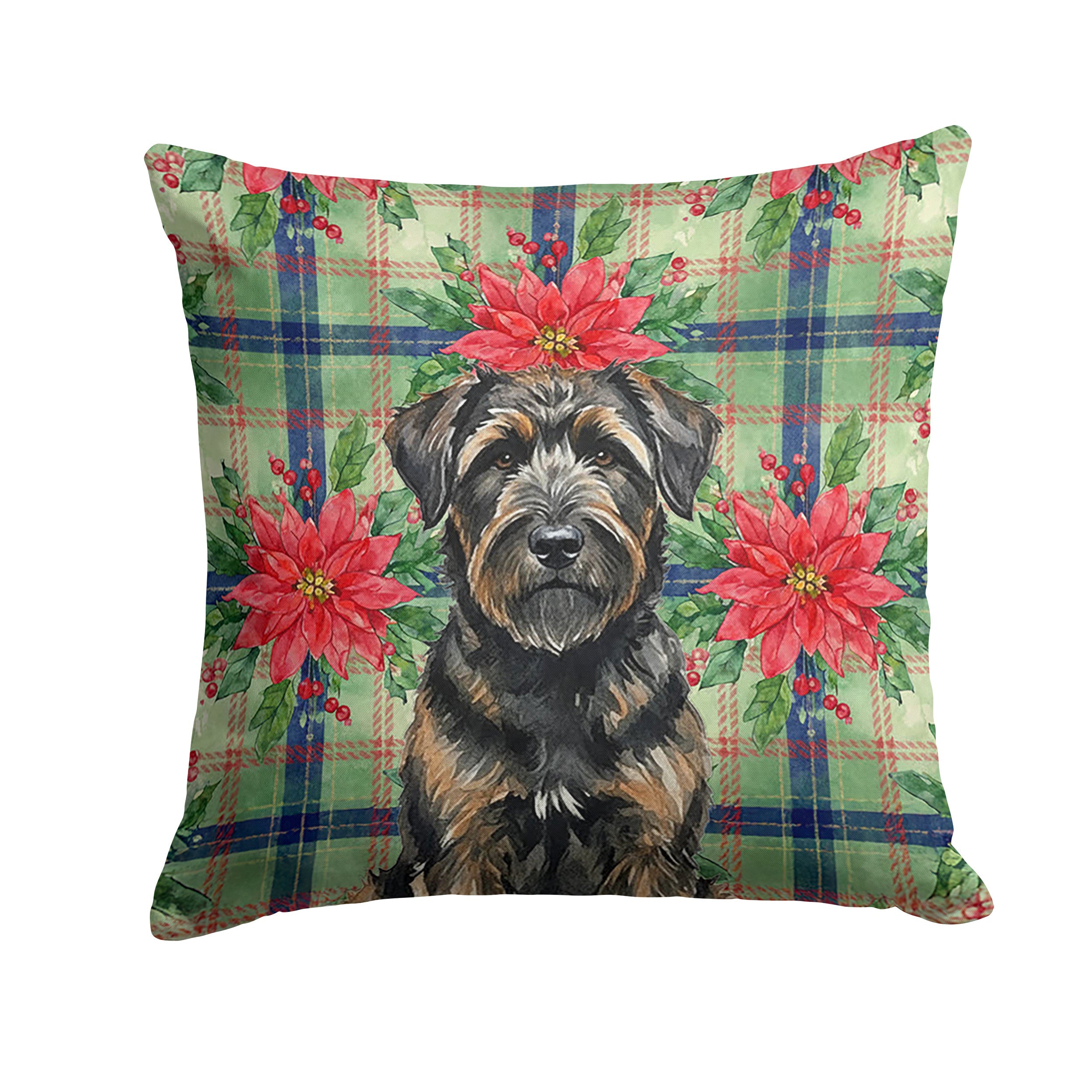 Brindle Bouvier des Flandres Christmas PoinsettIas Decorative Throw Pillow 18x18 Indoor Outdoor Accent Cushion, Fabric Cover with Insert for Sofa, Bed, Porch & Living Room