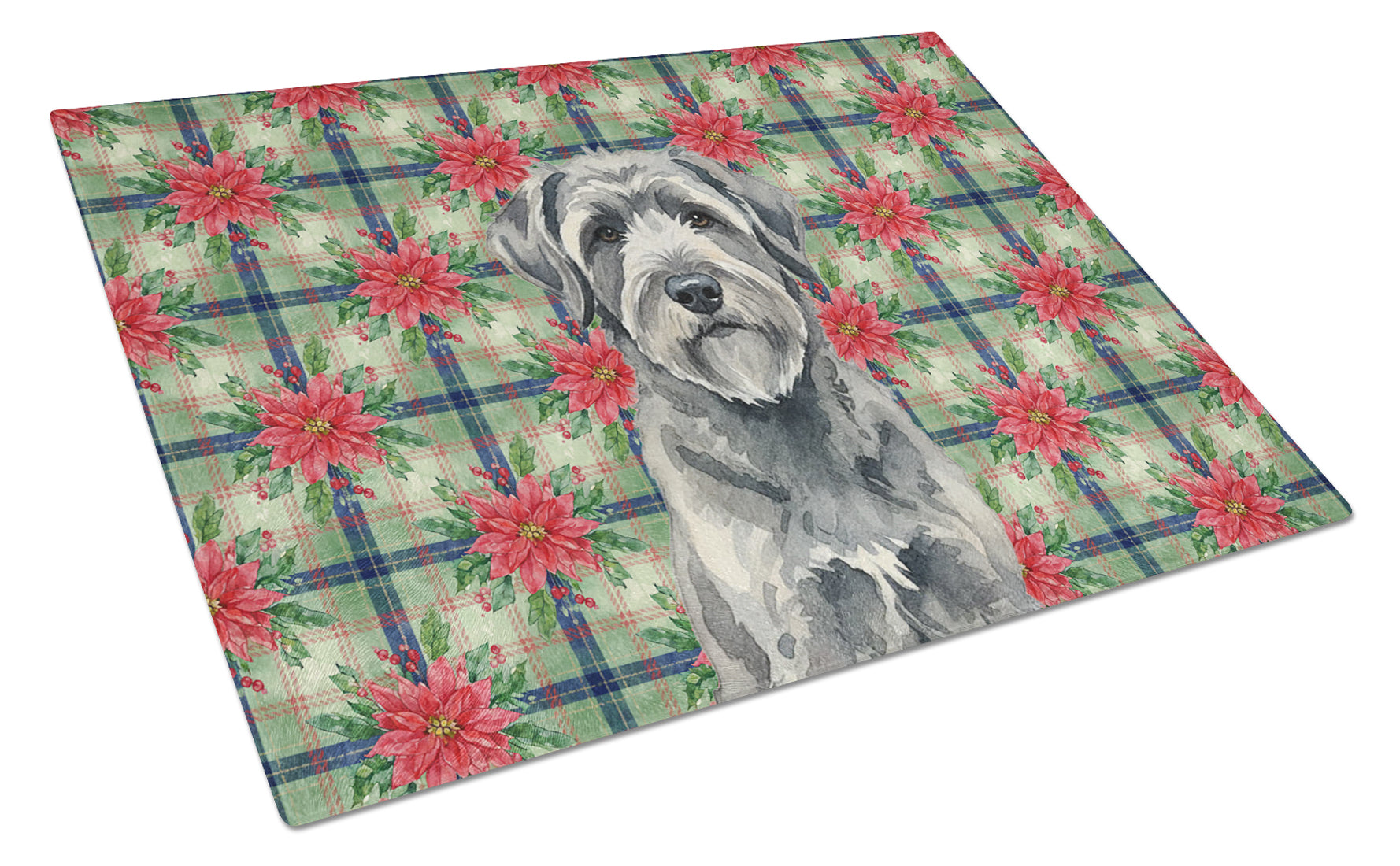 Gray Bouvier des Flandres Christmas PoinsettIas Cutting Board Tempered Glass Kitchen Cutting Surface, Heat Resistant Chopping, Non-Slip Feet, Food Prep & Serving