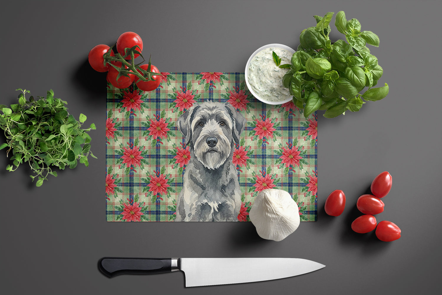 Gray Bouvier des Flandres Christmas PoinsettIas Cutting Board Tempered Glass Kitchen Cutting Surface, Heat Resistant Chopping, Non-Slip Feet, Food Prep & Serving