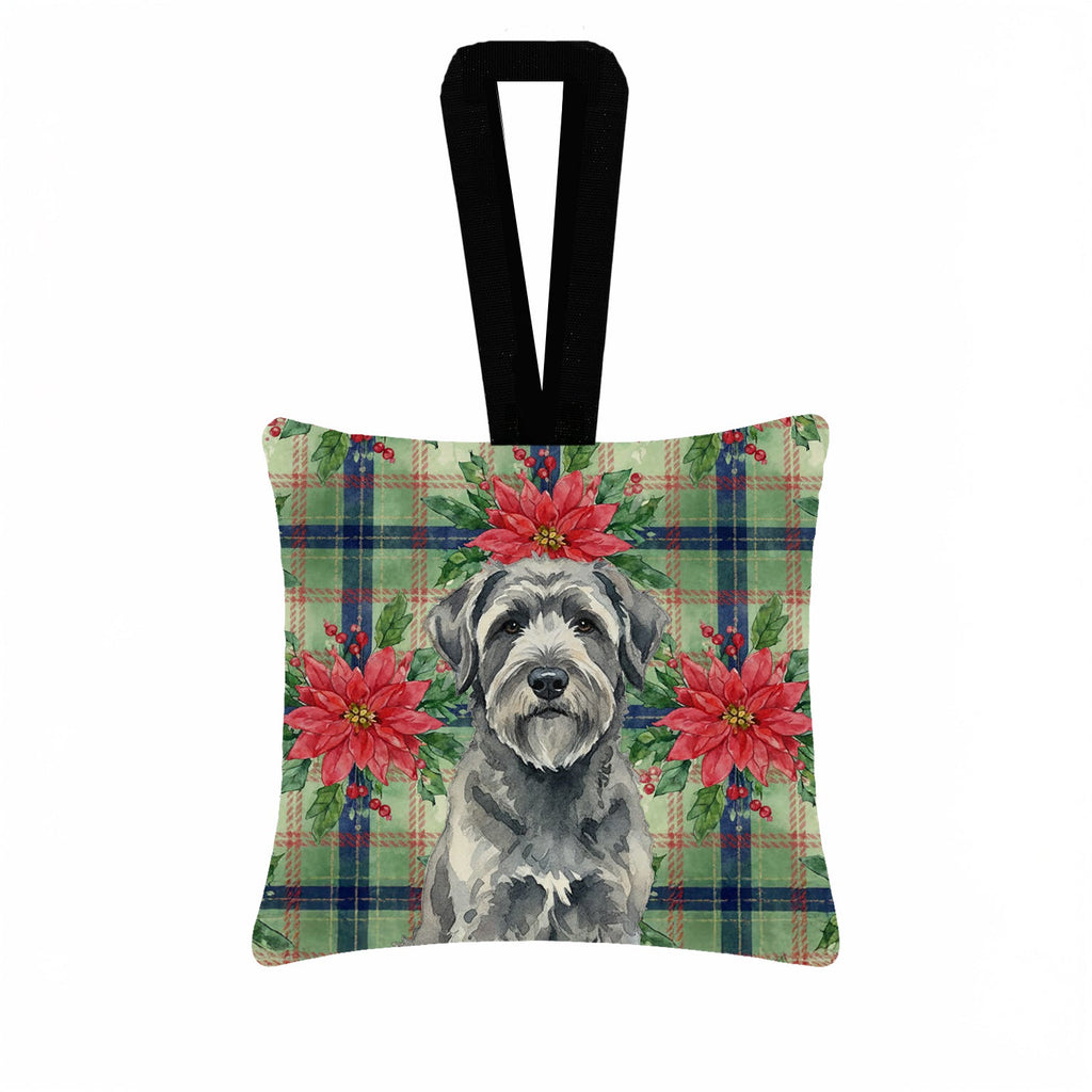 Gray Bouvier des Flandres Christmas PoinsettIas Hanging Square Fabric Ornament 3.5 � 3.5 Decorative Door-Knob & Tree Hanger, Soft Fabric