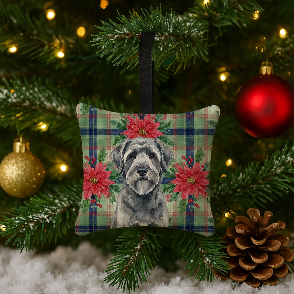 Gray Bouvier des Flandres Christmas PoinsettIas Hanging Square Fabric Ornament 3.5 � 3.5 Decorative Door-Knob & Tree Hanger, Soft Fabric