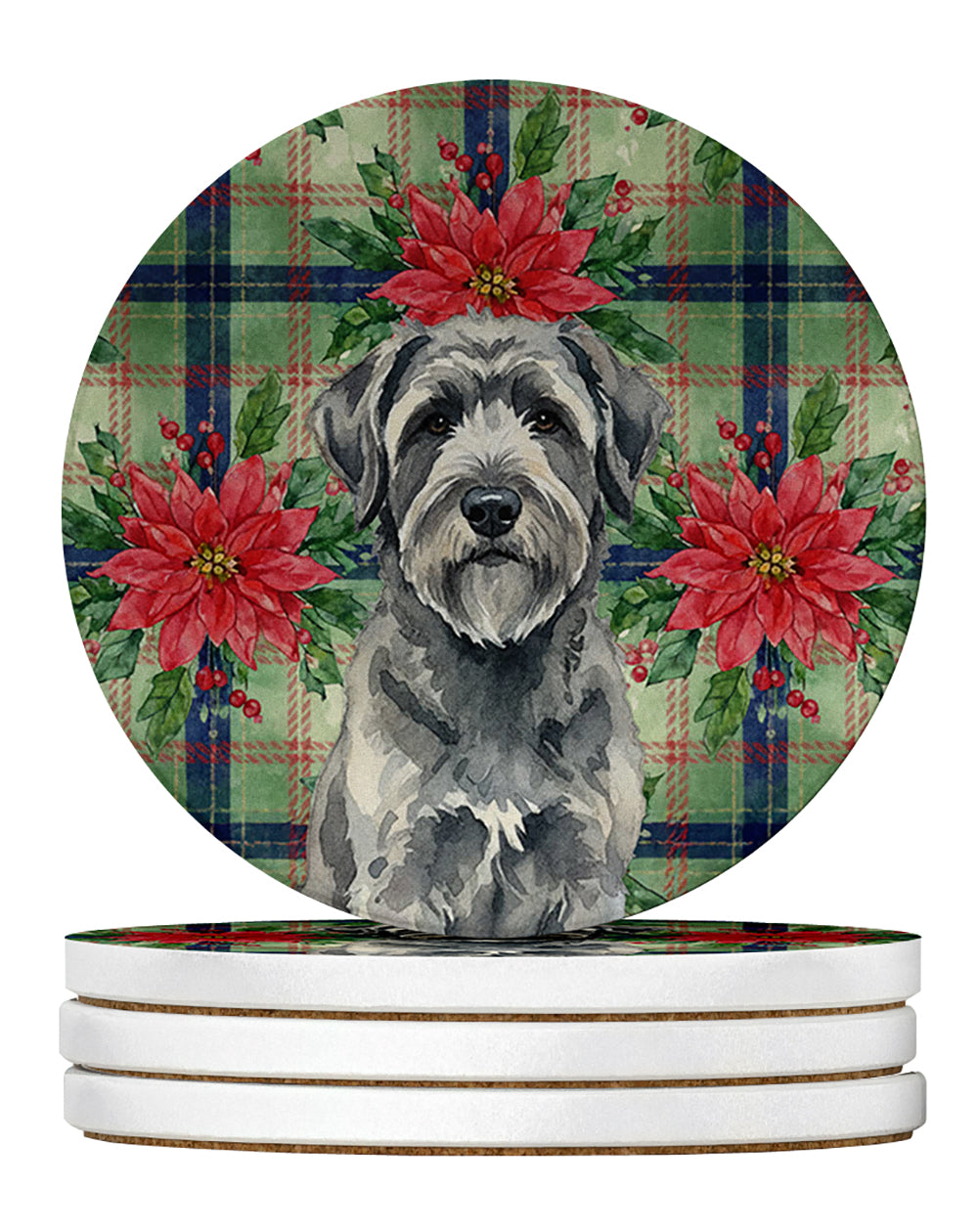 Gray Bouvier des Flandres Christmas PoinsettIas Large Sandstone Coasters Pack of 4 Absorbent Round Coasters Decor Gifts for Men or Women, 4 in, Multicolor