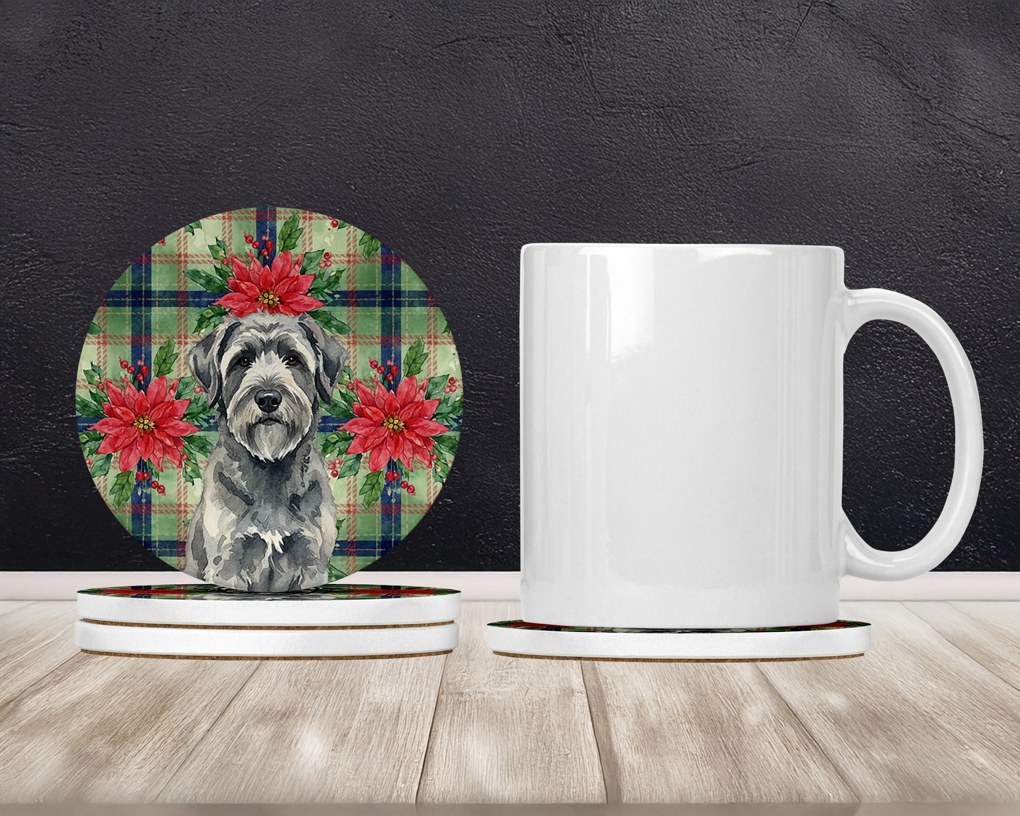 Gray Bouvier des Flandres Christmas PoinsettIas Large Sandstone Coasters Pack of 4 Absorbent Round Coasters Decor Gifts for Men or Women, 4 in, Multicolor