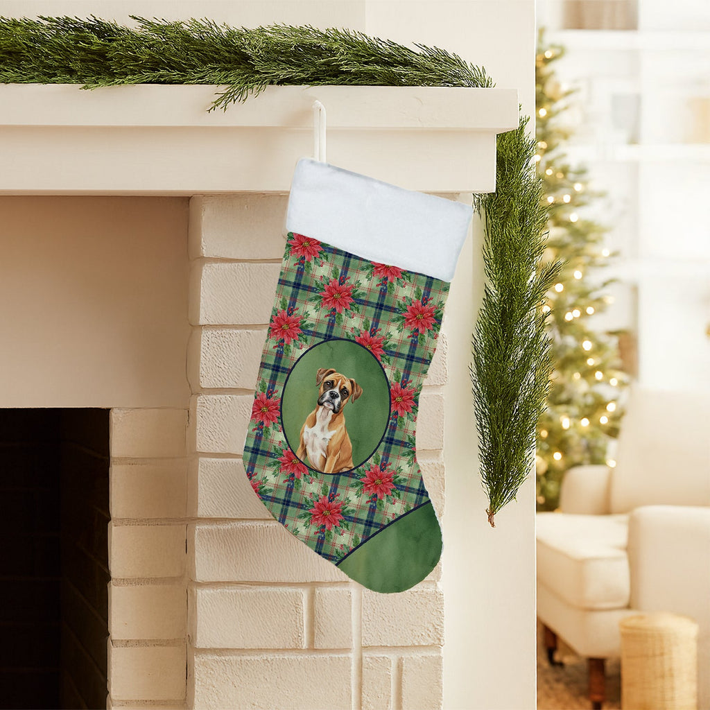 Boxer Christmas PoinsettIas Holiday Stocking Double-Sided Print, Polyester Suede,11x18, Made in USA