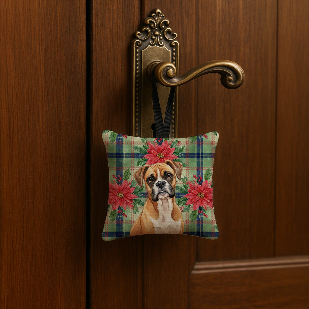 Boxer Christmas PoinsettIas Hanging Square Fabric Ornament 3.5 � 3.5 Decorative Door-Knob & Tree Hanger, Soft Fabric