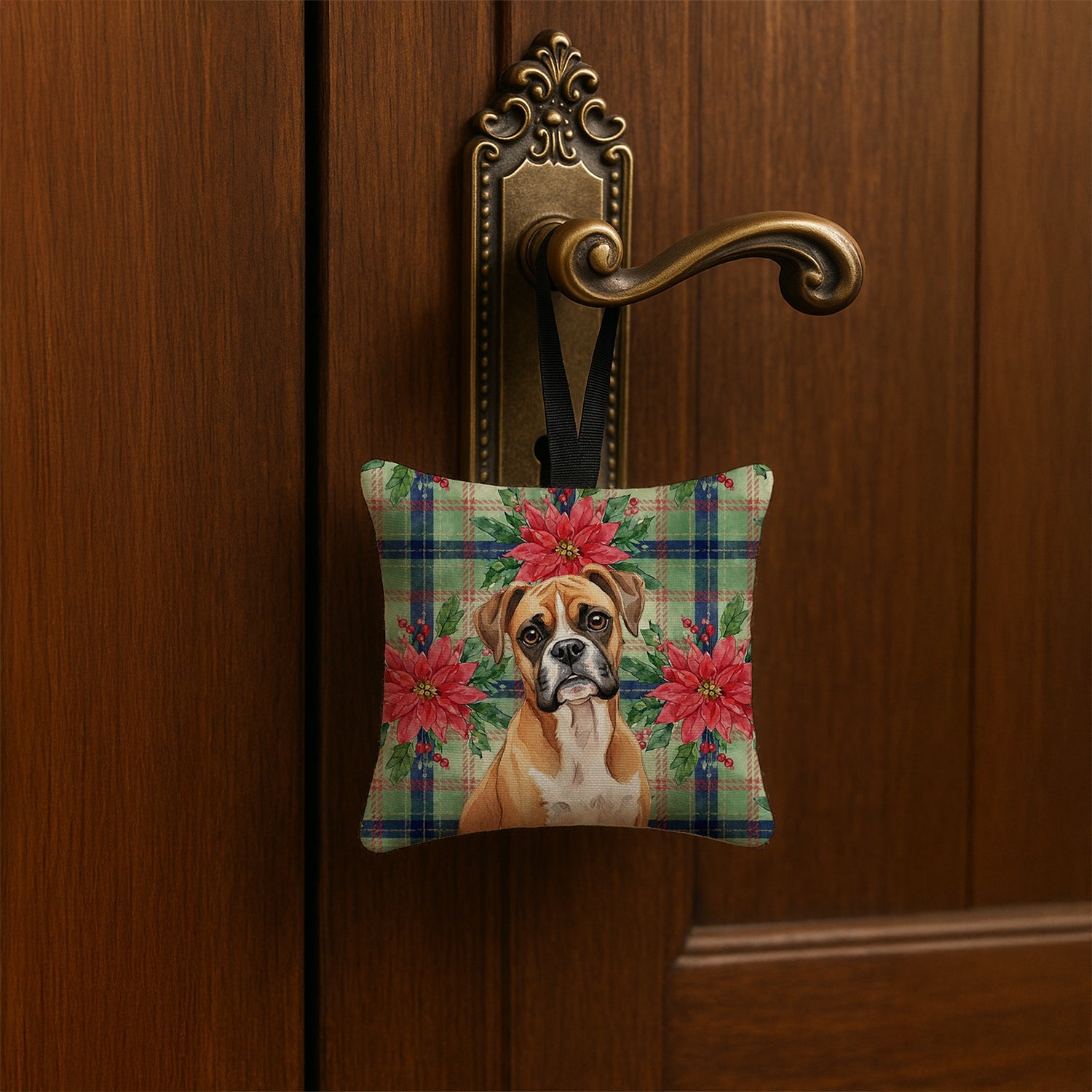 Boxer Christmas PoinsettIas Hanging Square Fabric Ornament 3.5 � 3.5 Decorative Door-Knob & Tree Hanger, Soft Fabric