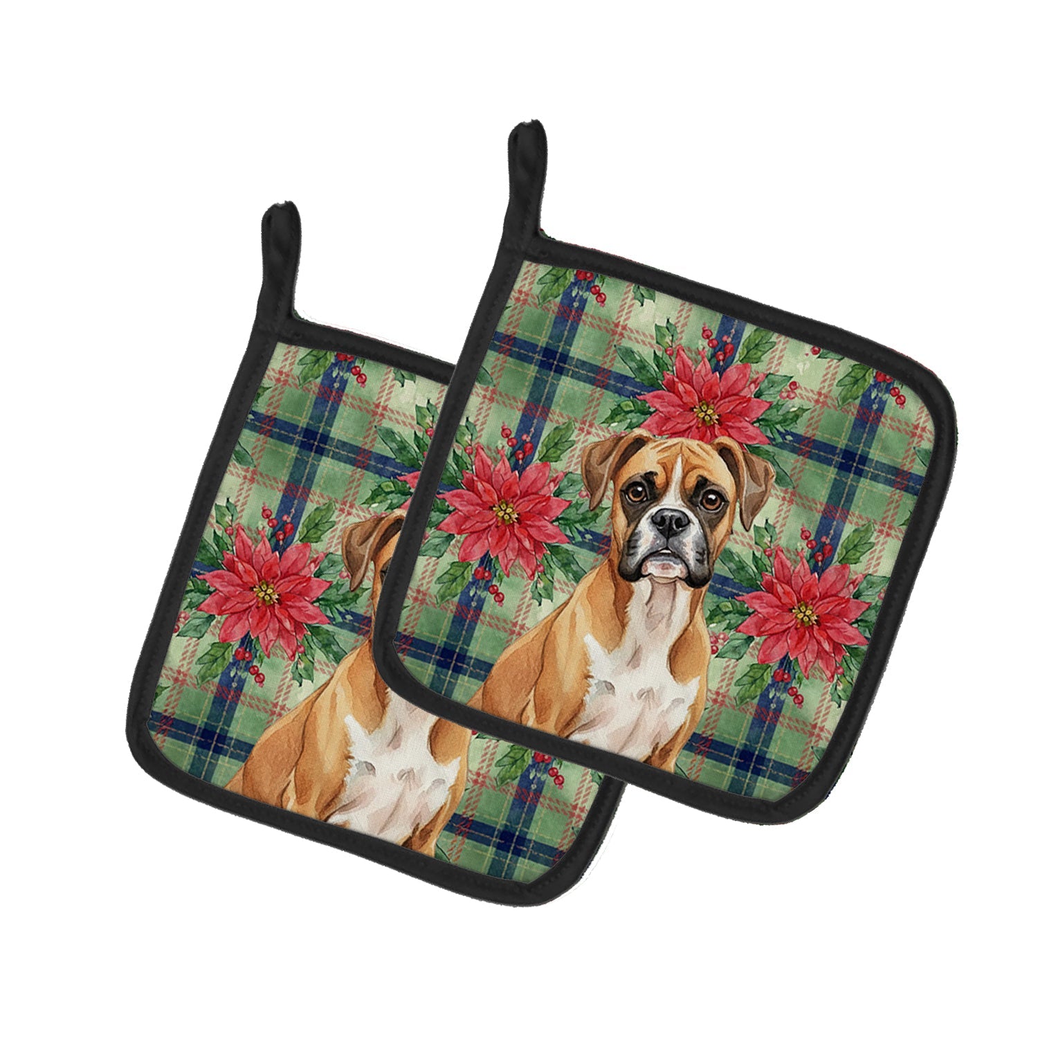 Boxer Christmas PoinsettIas Pot Holder Set of 2 Heat Resistant Quilted Hot Pads 7.5 x 7.5 Inch, Insulated Kitchen Trivets for Cooking & Baking