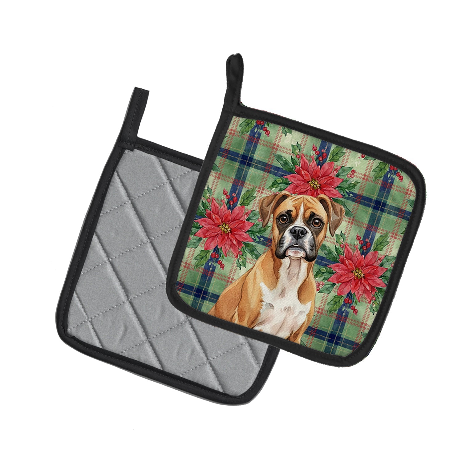 Boxer Christmas PoinsettIas Pot Holder Set of 2 Heat Resistant Quilted Hot Pads 7.5 x 7.5 Inch, Insulated Kitchen Trivets for Cooking & Baking