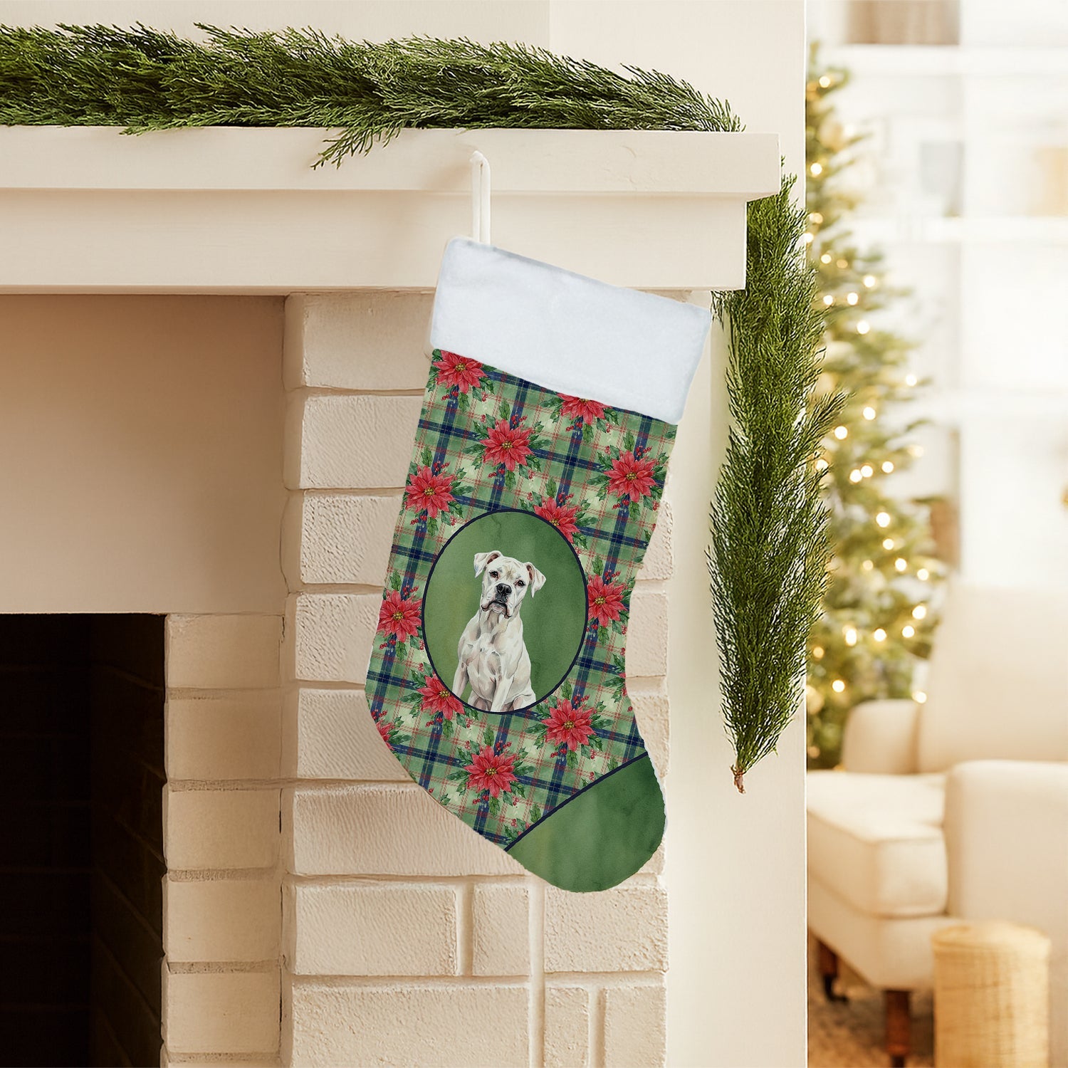 White Boxer Christmas PoinsettIas Holiday Stocking Double-Sided Print, Polyester Suede,11x18, Made in USA