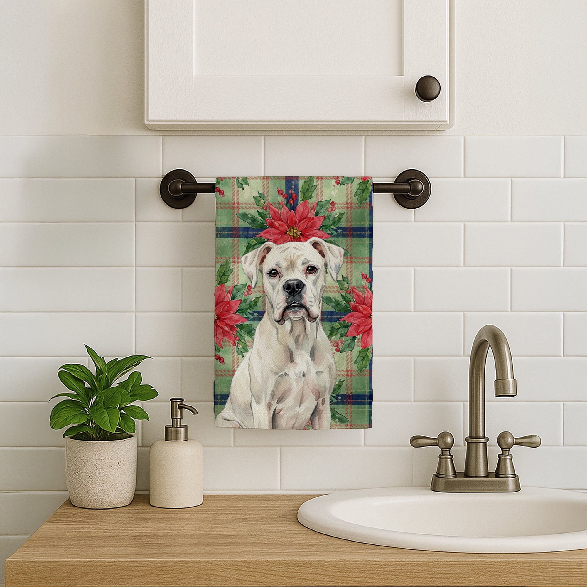 White Boxer Christmas PoinsettIas Kitchen Towel Velour Plush Front and Cotton Loop Back Machine Washable