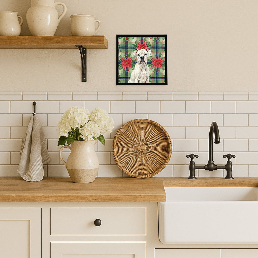 White Boxer Christmas PoinsettIas Framed Metal Print Bathroom, Kitchen, Office, Home Decor Wall Art Ready to Hang, Square, 8X8