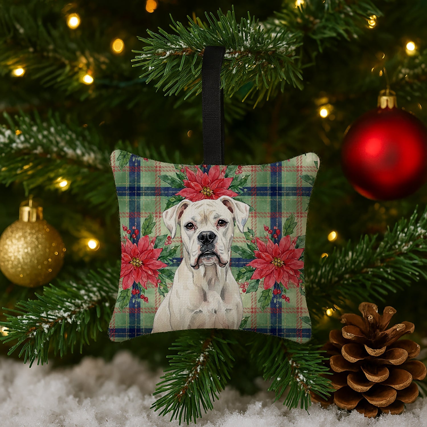 White Boxer Christmas PoinsettIas Hanging Square Fabric Ornament 3.5 � 3.5 Decorative Door-Knob & Tree Hanger, Soft Fabric