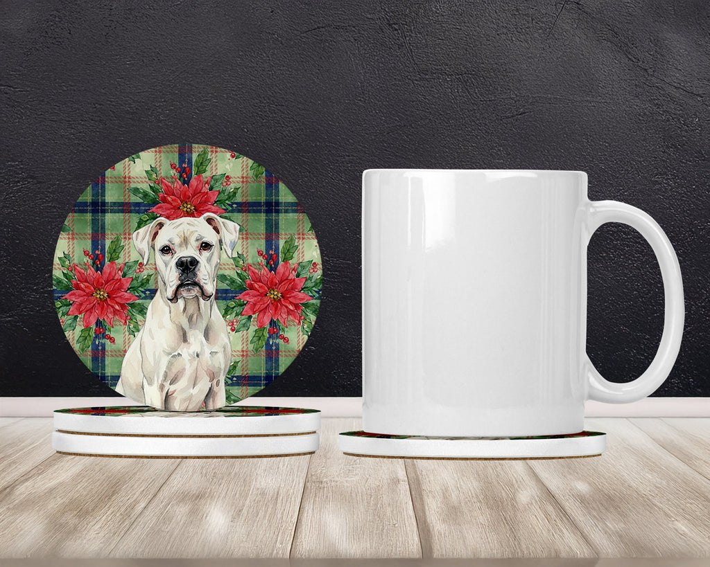 White Boxer Christmas PoinsettIas Large Sandstone Coasters Pack of 4 Absorbent Round Coasters Decor Gifts for Men or Women, 4 in, Multicolor