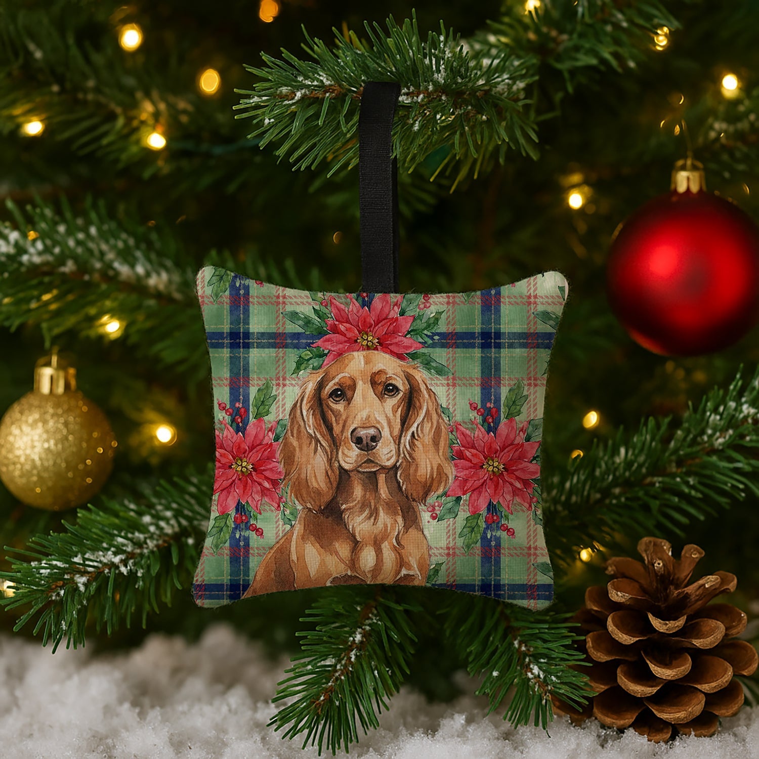 Boykin Spaniel Christmas PoinsettIas Hanging Square Fabric Ornament 3.5 � 3.5 Decorative Door-Knob & Tree Hanger, Soft Fabric