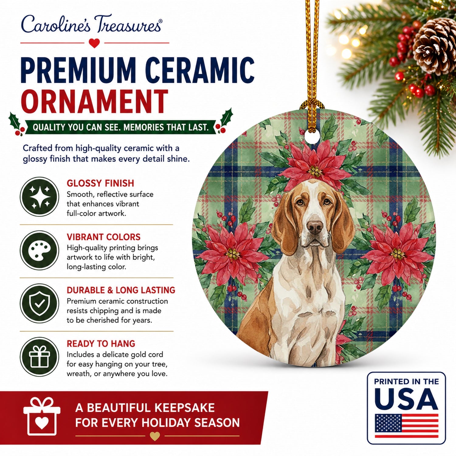 Bracco Italiano Christmas PoinsettIas Ceramic Ornament Christmas Tree Hanging Decorations for Home Christmas Holiday, Party, Gift, 3 in, Multicolor