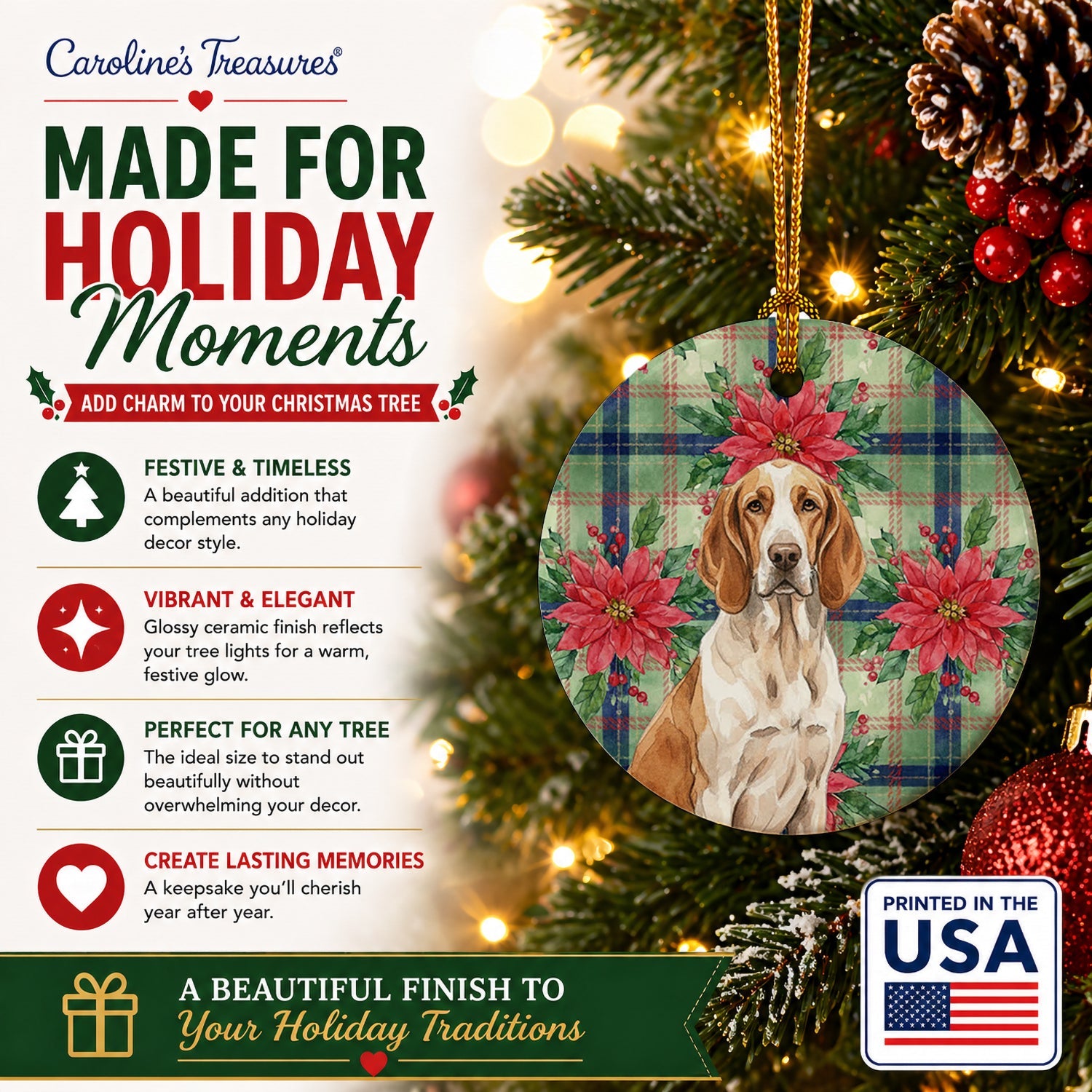 Bracco Italiano Christmas PoinsettIas Ceramic Ornament Christmas Tree Hanging Decorations for Home Christmas Holiday, Party, Gift, 3 in, Multicolor