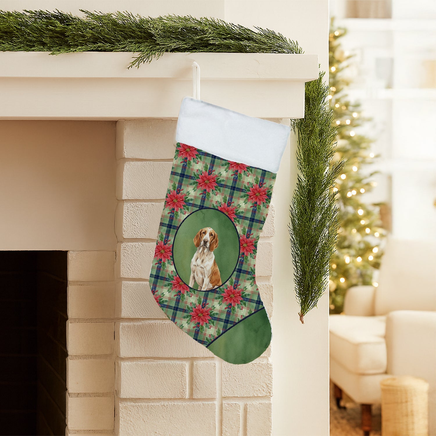 Bracco Italiano Christmas PoinsettIas Holiday Stocking Double-Sided Print, Polyester Suede,11x18, Made in USA