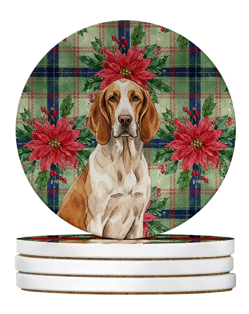 Bracco Italiano Christmas PoinsettIas Large Sandstone Coasters Pack of 4 Absorbent Round Coasters Decor Gifts for Men or Women, 4 in, Multicolor