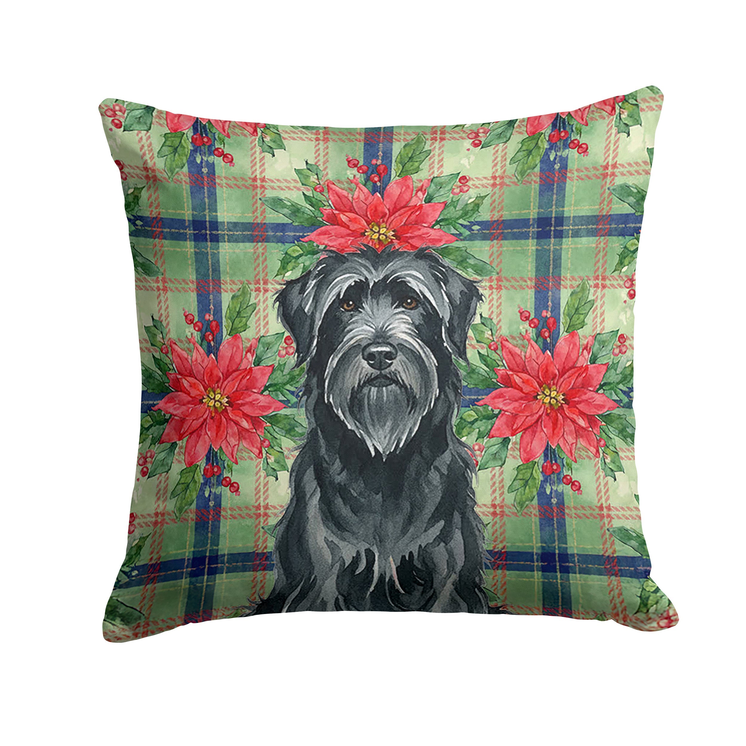 Black Briard Christmas PoinsettIas Decorative Throw Pillow 14x14 Indoor Outdoor Accent Cushion, Fabric Cover with Insert for Sofa, Bed, Porch & Living Room