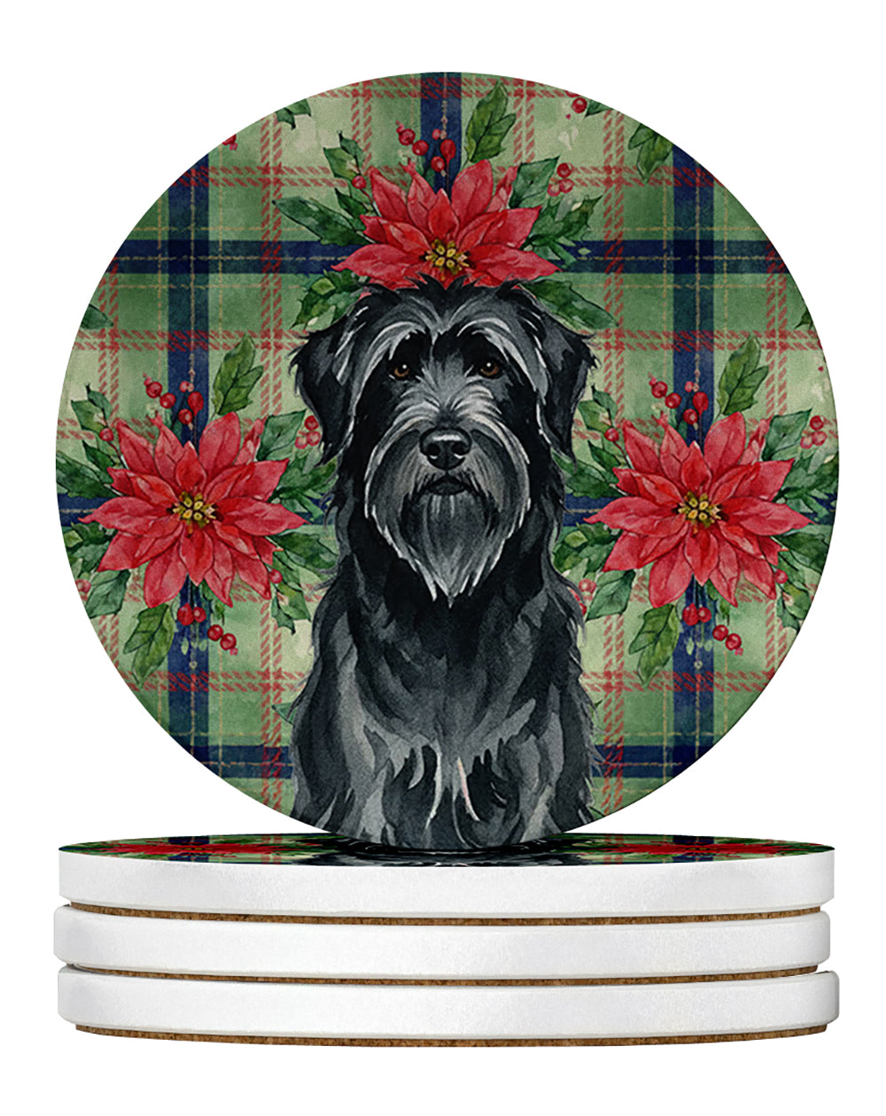 Black Briard Christmas PoinsettIas Large Sandstone Coasters Pack of 4 Absorbent Round Coasters Decor Gifts for Men or Women, 4 in, Multicolor