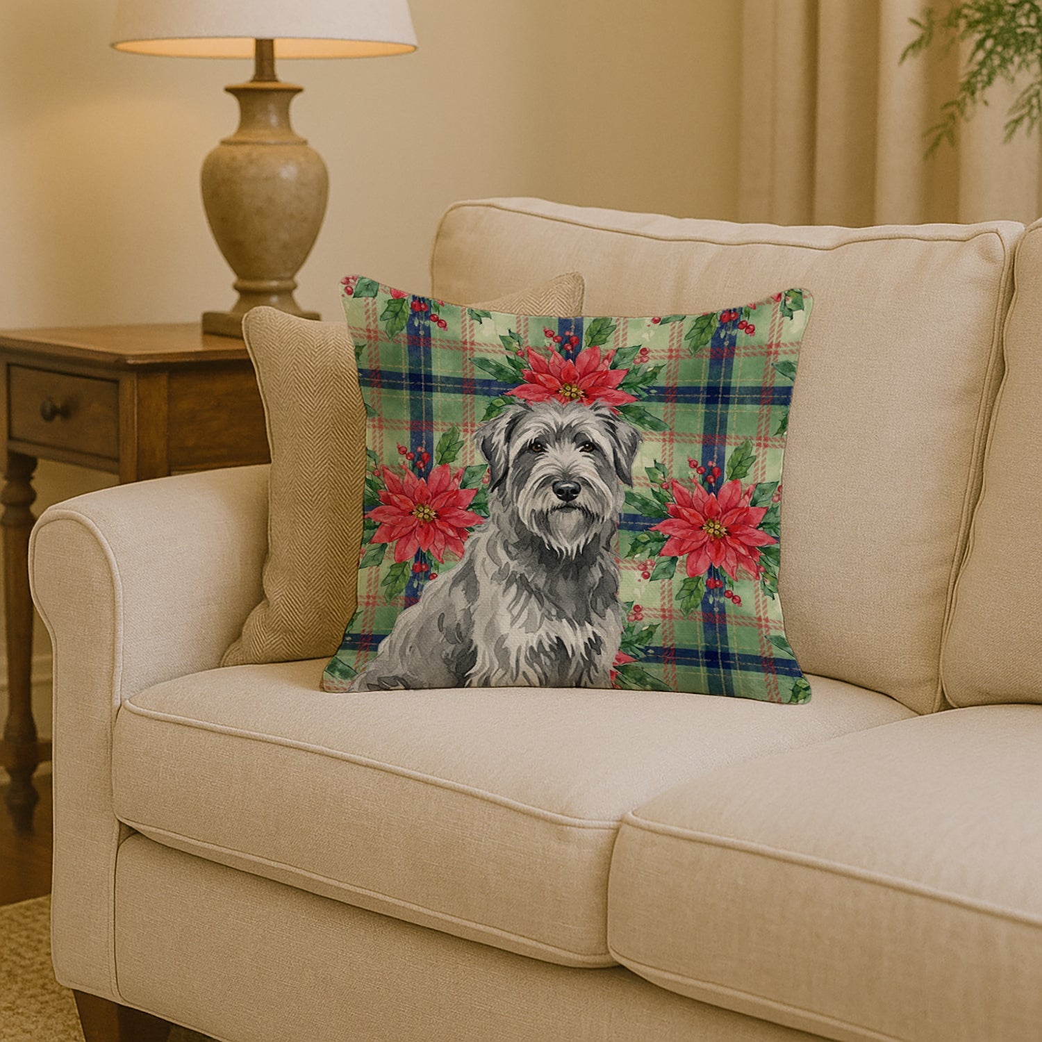 Gray Briard Christmas PoinsettIas Decorative Throw Pillow 14x14 Indoor Outdoor Accent Cushion, Fabric Cover with Insert for Sofa, Bed, Porch & Living Room