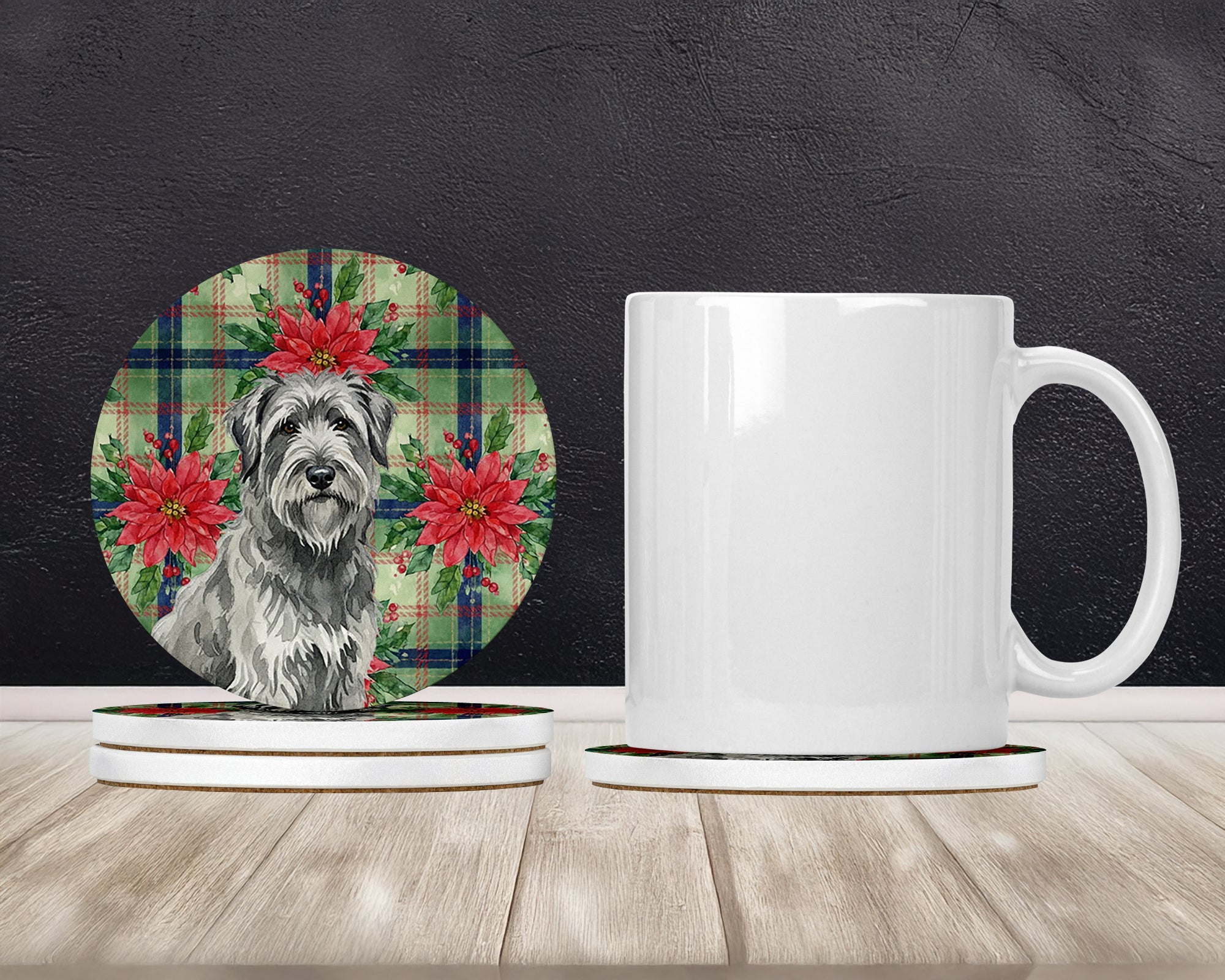 Gray Briard Christmas PoinsettIas Large Sandstone Coasters Pack of 4 Absorbent Round Coasters Decor Gifts for Men or Women, 4 in, Multicolor