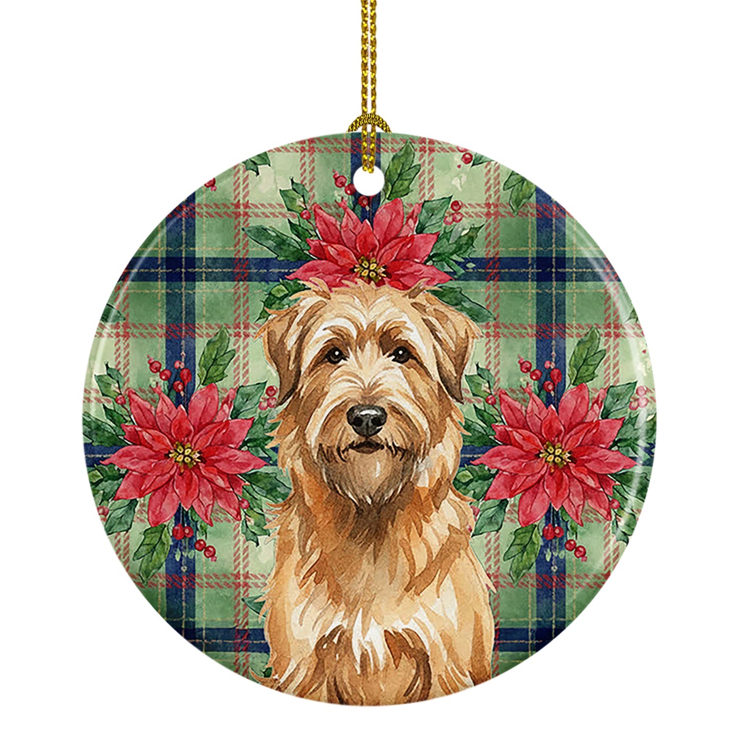 Tawny Briard Christmas PoinsettIas Ceramic Ornament Christmas Tree Hanging Decorations for Home Christmas Holiday, Party, Gift, 3 in, Multicolor