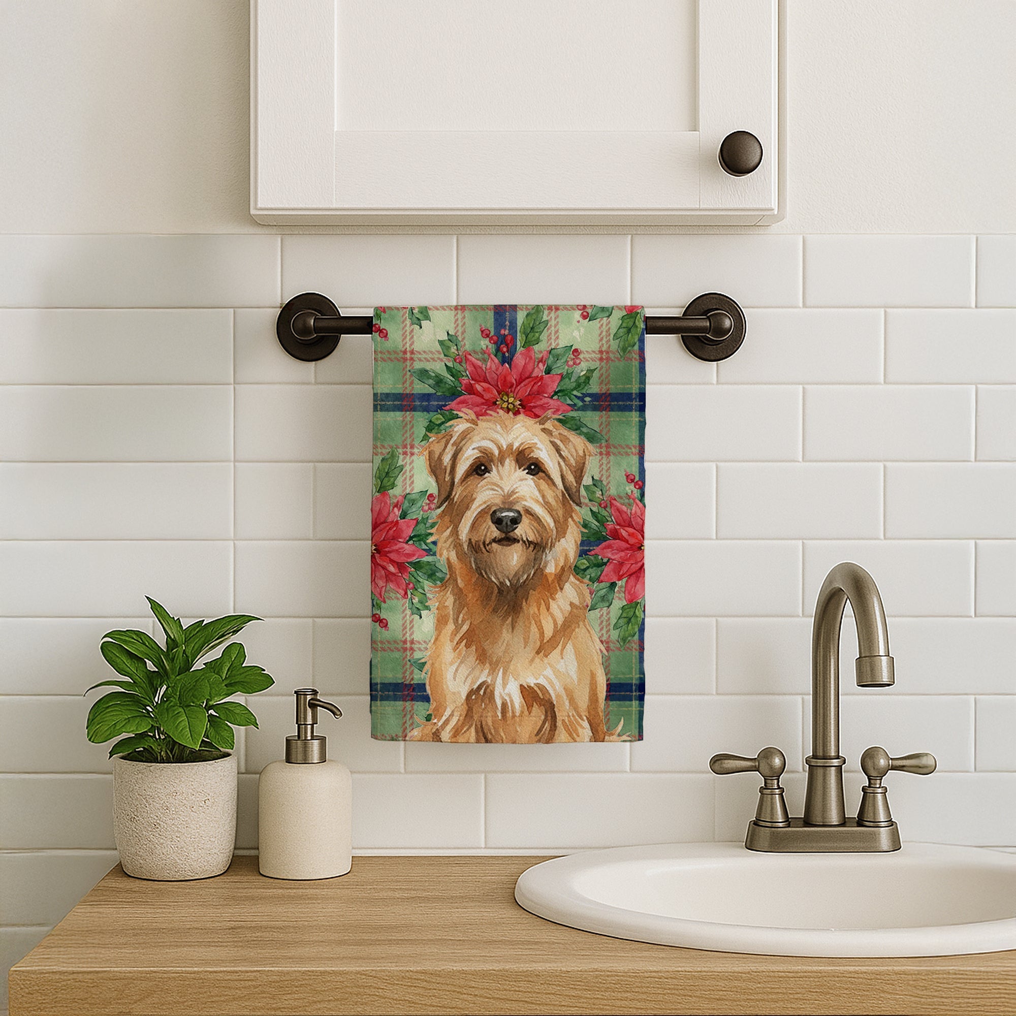 Tawny Briard Christmas PoinsettIas Kitchen Towel Velour Plush Front and Cotton Loop Back Machine Washable