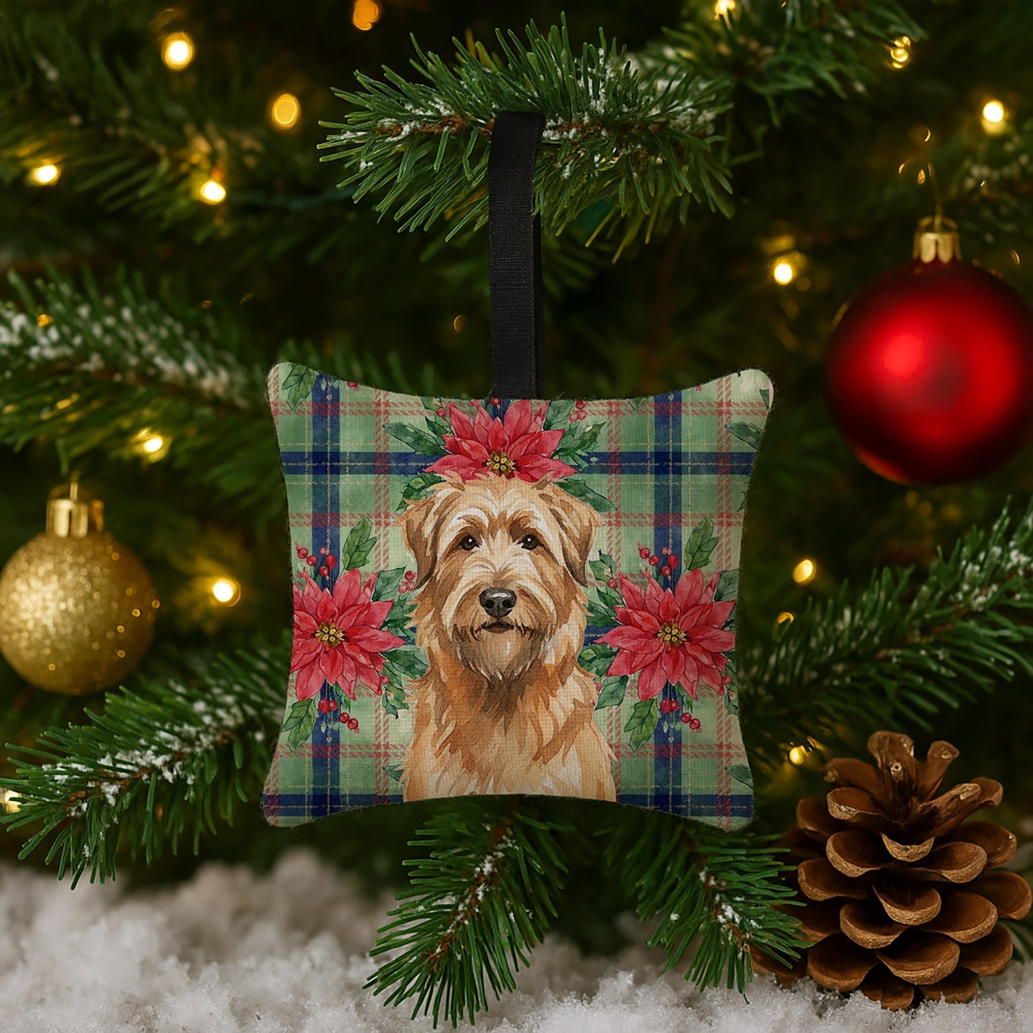 Tawny Briard Christmas PoinsettIas Hanging Square Fabric Ornament 3.5 � 3.5 Decorative Door-Knob & Tree Hanger, Soft Fabric