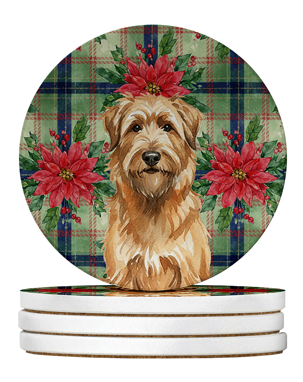 Tawny Briard Christmas PoinsettIas Large Sandstone Coasters Pack of 4 Absorbent Round Coasters Decor Gifts for Men or Women, 4 in, Multicolor