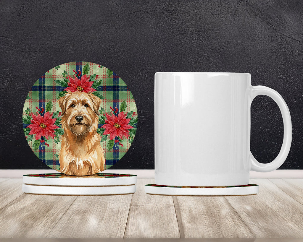 Tawny Briard Christmas PoinsettIas Large Sandstone Coasters Pack of 4 Absorbent Round Coasters Decor Gifts for Men or Women, 4 in, Multicolor